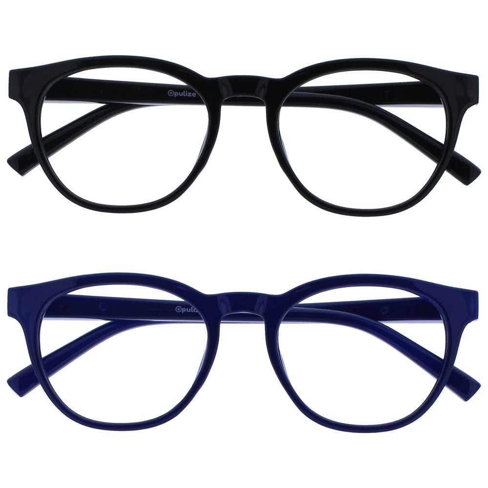 OPULIZE BLU Blue Light Blocking Reading Glasses for Women Men, Cool Round Frame with Anti-Glare Computer and Gaming Eyewear, UV and Eyestrain Protection, Black Blue +3.50 (Pack of 2)