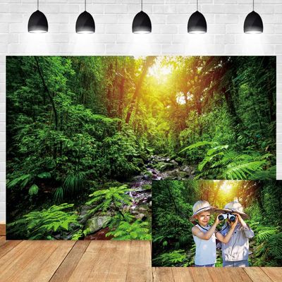 OERJU 12x8ft Peaceful Forest Photography Backdrop Sunny Fresh Green Trees Grass Stones Stream Rustics Natural Landscape Background Outdoor Travel Adventure Theme Banner Decor Vinyl Studio Props