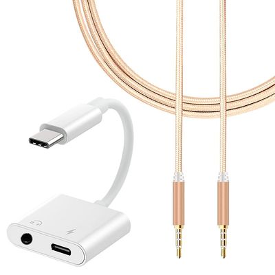 Smart Technology Headphone Jack Adapter Lightweight 2in1 USB C to 3.5mm Adapter AUX Chip Data Cable & 3.5mm Male to Male Cable Compatible with HTC U Paly