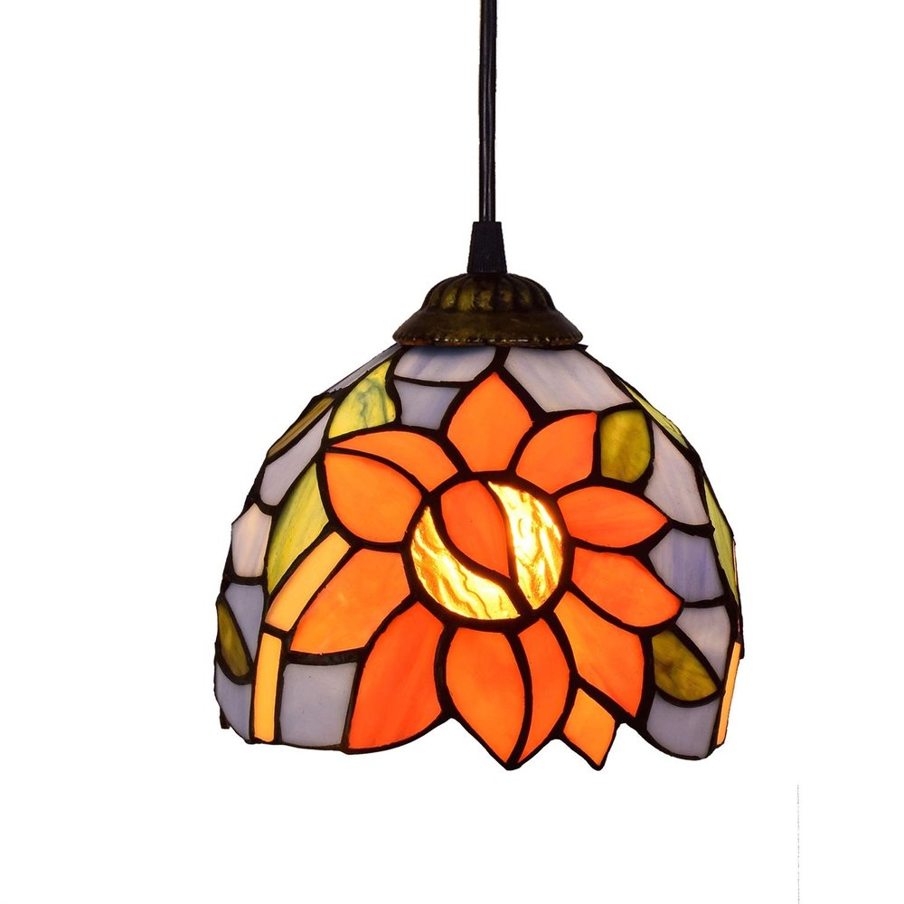 Handmade Chandelier Lamps 6" Tiffany Style Small Pnedent lamp Orange Flowers Glass Pendant Light Ceiling Hanging Lamp Fixture Shade, for Dining Room Kitchen Island Bedroom, E26/E27