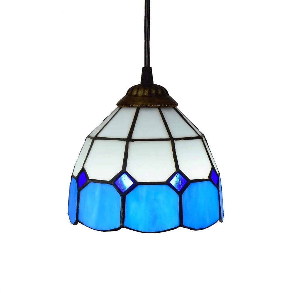 Handmade Chandelier Lamps 6" Tiffany Style Small Pnedent lamp Blue and White Glass Pendant Light Ceiling Hanging Lamp Fixture Shade, for Dining Room Kitchen Island Bedroom E26/E27