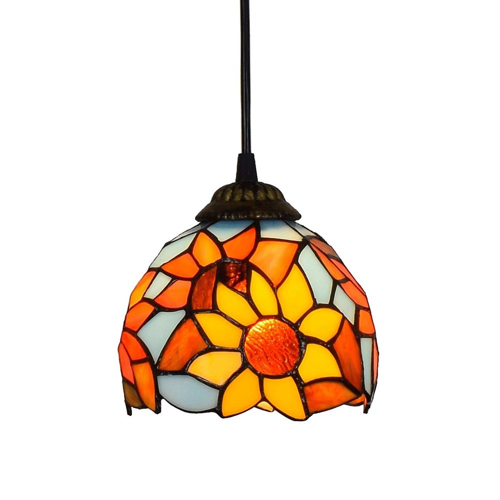 Handmade Chandelier Lamps 6" Tiffany Style Small Pnedent lamp Bicolor Sunflower Glass Pendant Light Ceiling Hanging Lamp Fixture Shade, for Dining Room Kitchen Island Bedroom, E26/E27