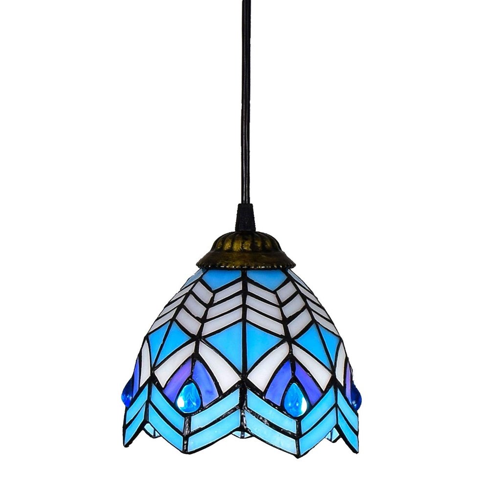 Handmade Chandelier Lamps 6-" Tiffany Style Small Pnedent lamp Blue Phoenix Beads Glass Pendant Light Ceiling Hanging Lamp Fixture Shade, for Dining Room Kitchen Island Bedroom, E26/E27