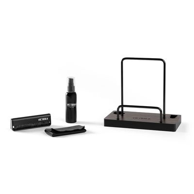 Victrola The Kit  Vinyl Cleaning Kit  Doubles as a Record Stand, Includes Anti-Static Brush, Cleaning Solution, & Cloth, No-Tool Easy Assembly, Black Metal Accents (Espresso)
