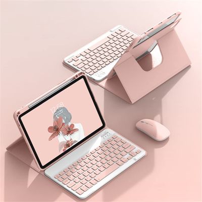GOOVEN Keyboard case for iPad Pro11 inch 4th 3rd 2nd Gen /Air4 2020 Air5 2022 10.9''with Mouse 360 Rotating Stand Magnetic Detachable BT Keyboard Clear Back Cover (PinkSquare Key)