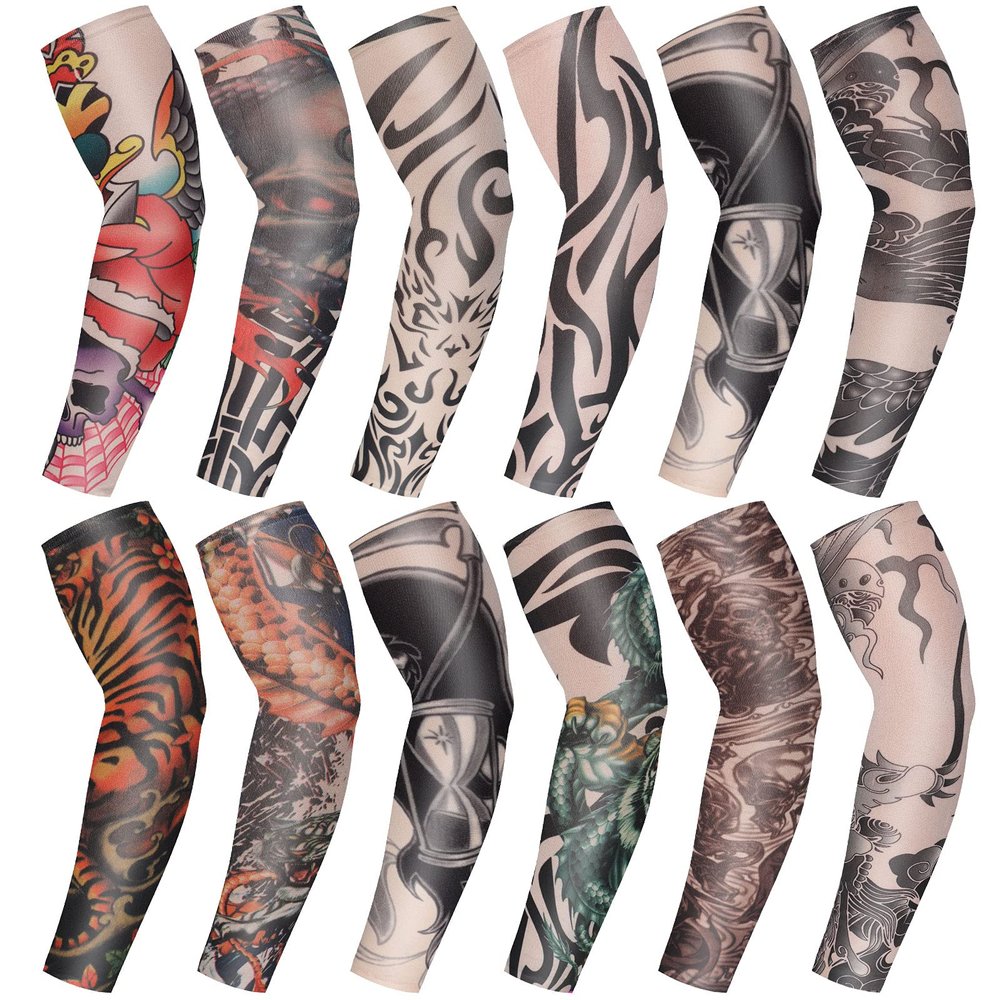 Geyoga 12 Pcs Tattoo Sleeves Fake Arm Sleeves Cover Realistic Soft Elasticity UV Protection for Men Women Working(One Size)