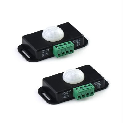 QWORK Motion Sensor LED Switch (2 Pack), 12-24V, 6A, Adjustable Delay Time, 5-8M Induction Distance, 60 Field of View, for LED Strip Lighting, Wall Mount, 3"