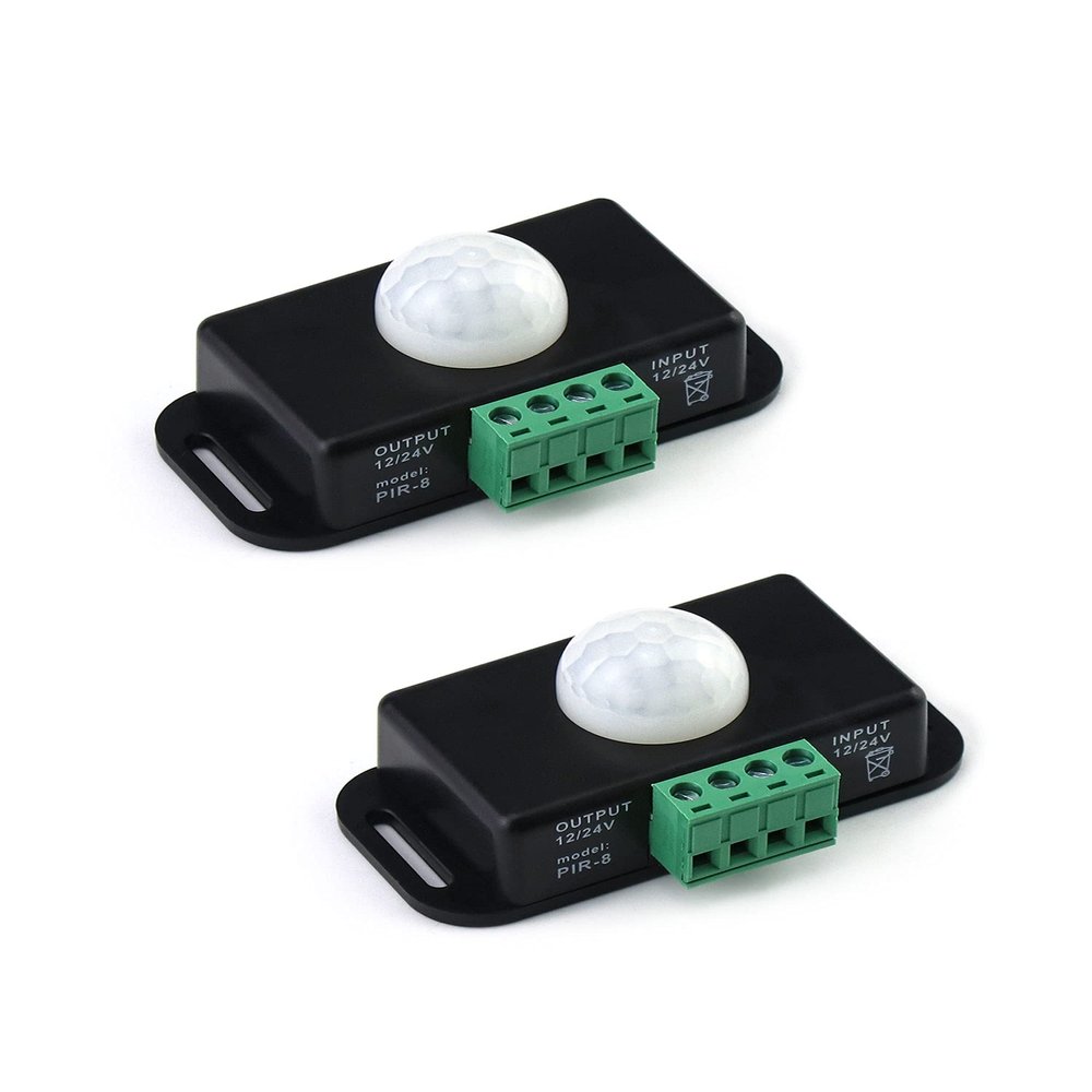 QWORK Motion Sensor LED Switch (2 Pack), 12-24V, 6A, Adjustable Delay Time, 5-8M Induction Distance, 60 Field of View, for LED Strip Lighting, Wall Mount, 3"