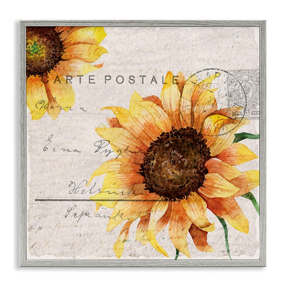 Stupell Industries Sunflower Illustration Over Vintage Mail Post Wall Art, 17 x 17, Grey Framed