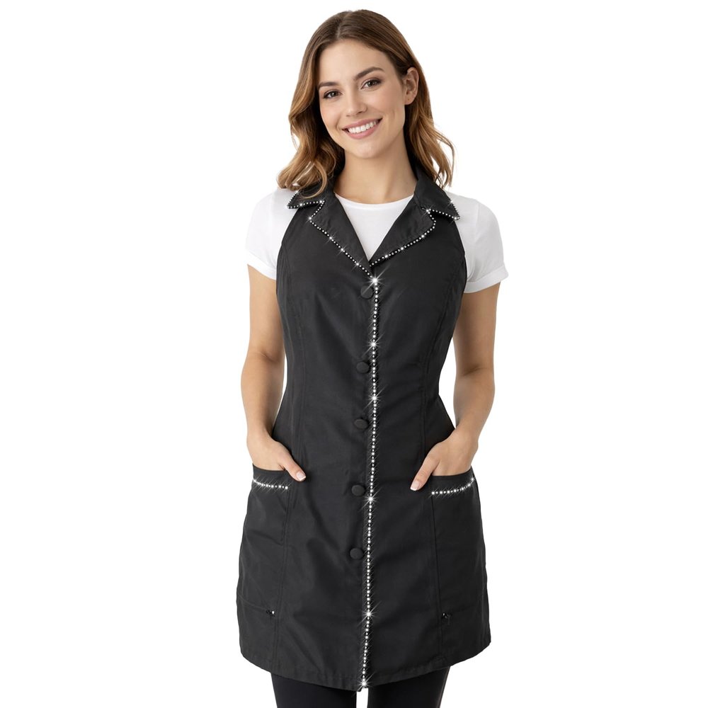 Ladybird Line 260 Pro Rhinestone Detailing Jacket Style Apron with Collar and Adjustable Neckband for Hair Stylists, Dog Groomers and Estheticians - S/M