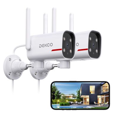 DEKCO 2 Pack Outdoor Security Camera with 2K Color Night Vision, Pan Rotating 180 Wired WiFi Camera Support 24/7 Recording, 2.4GHz WiFi, AI Human Auto Tracking, Work with Alexa/Google Assistant