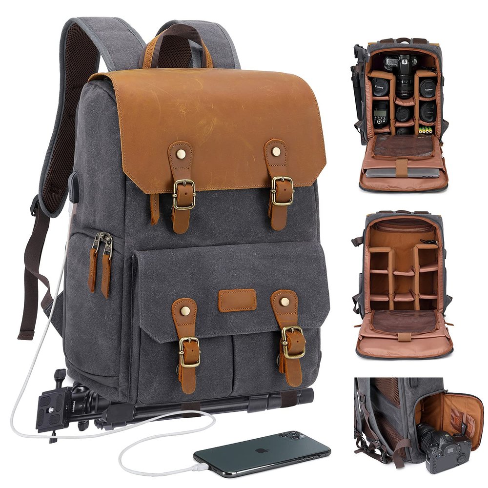 JAEP Camera Backpack - Weather Resistant 16 Ounces Waxed Memory Canvas  DSLR SLR Backpacks with 15.6 laptop sleeve compartment and Tripod Holder for Photographers -Vintage leather Style (Dark Grey)