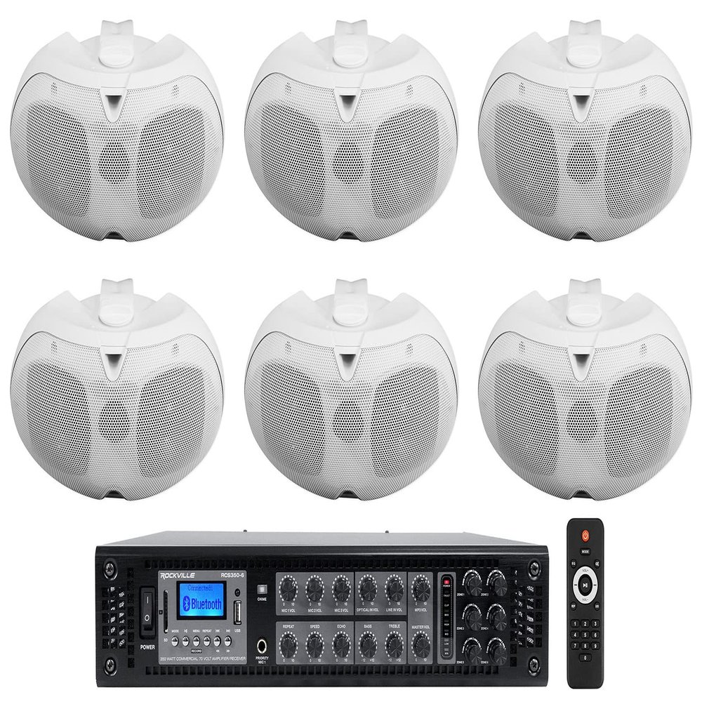 Rockville RCS350-6 Bundle: 350-Watt 6-Zone 70V Commercial Amplifier, Bluetooth, (6) D4-70 Dual 4 in 70V Wall Mount Speakers, White, 7-Items