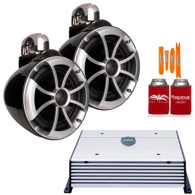 Wet Sounds ICON8B-FC Black 8" Tower Speakers with Stainless Fixed Clamps HTX2 Amplifier