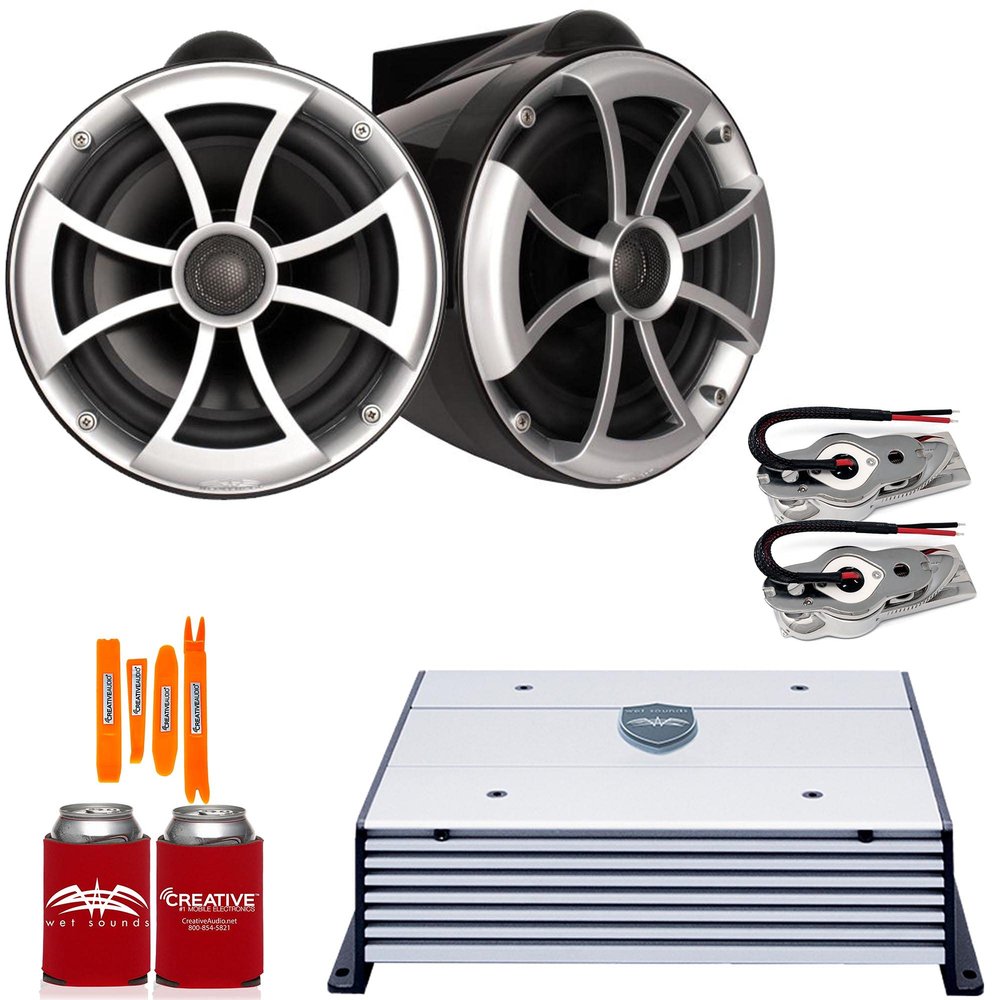 Wet Sounds ICON8B-SXM Black 8" Tower Speakers with Stainless Swivel Base Mount (NO Pipe CLAMP) HTX2 Amplifier