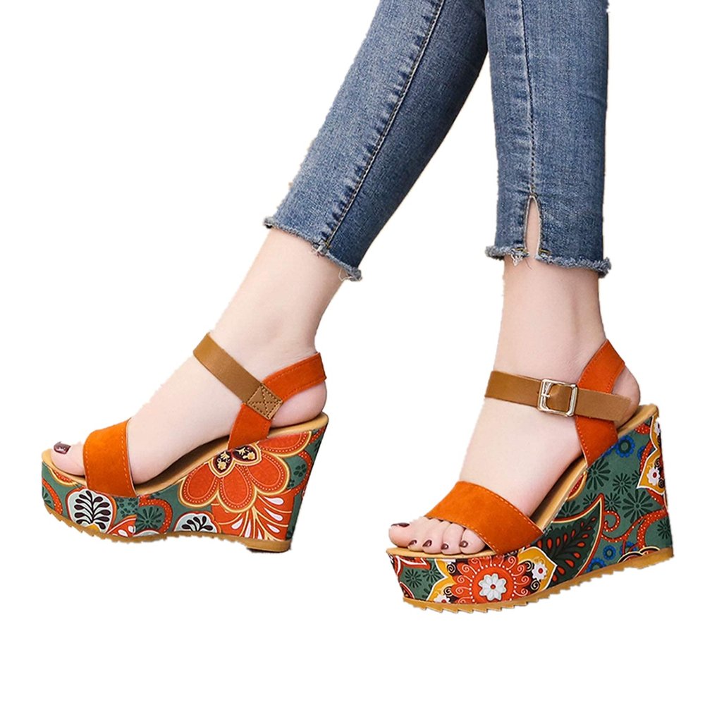 ZBYY Women Wedge Sandals,Boho Floral Platform Sandals Summer Beach Party Dressy Sandals Espadrilles Ankle Strap Sandals
