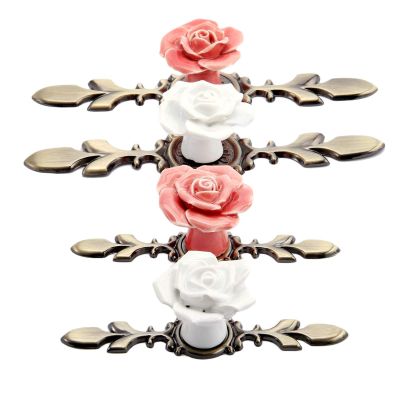 YUNSI Creative Handles 1pc Door Handle Pink/White Rose Vintage Ceramic Alloy Base Cabinet Knobs Cupboard Dresser Kitchen Furniture Door Pull Knob Hardware Handle(C 170mm)