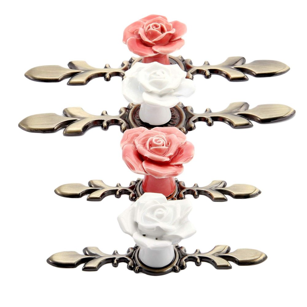 YUNSI Creative Handles 1pc Door Handle Pink/White Rose Vintage Ceramic Alloy Base Cabinet Knobs Cupboard Dresser Kitchen Furniture Door Pull Knob Hardware Handle(A 119mm)