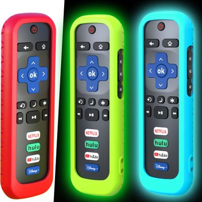 3 Pack Remote Case for Roku, Battery Cover for TCL Smart TV Steaming Stick, Silicone Protective Controller Universal Sleeve Skin Glow in The Dark Green Red and Blue