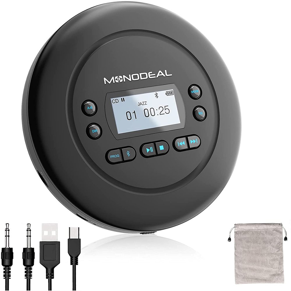 CD Player Portable, MONODEAL Bluetooth CD Player, Rechargeable Compact Small Player with Headphones for Car and Personal Use