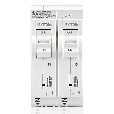 Leviton Surge Protective Device with Two 15A 1-Pole Plug-On Standard Branch Circuit Breakers, Thermal Magnetic, 120/240 VAC, LSPD1-T, White