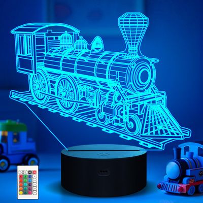 Ammonite Train Night Light, Steam Train 3D Illusion Lamp for Kids, 16 Colors Changing with Remote Control & Timer, Creative Birthday Xmas Gifts for Kids Boys Bedroom Decor