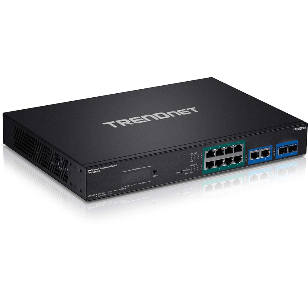 TRENDnet 12-Port Gigabit PoE+ Smart Surveillance Switch, TPE-3012LS, 8 x Gigabit PoE+ Ports, 2 x Gigabit Ports, 2 x SFP Slots, 110W PoE Budget, Managed Switch, Long Range PoE+ up to 200m,Renewed