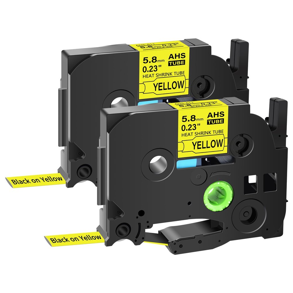 GREENCYCLE HSe-611 HS2-611 HS-611 Heat Shrink Tube Label Tape 5.8mm 0.23 Inch 1/4" Black on Yellow Compatible for Brother P-Touch PTD400 D450 D600 PT-E300 PT-E550W, PT-P700,PT-P710BT,PT-P750W, 2 Pack