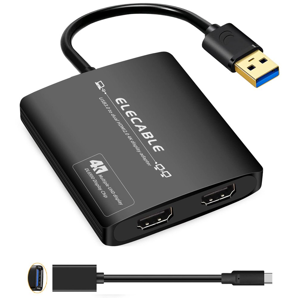 ELECABLE USB 3.0 to Dual HDMI Adapter - 4K+4K 60Hz Ultra HD - Built-in DisplayLink DL6950 Chip - Extend Screen to Multiple Monitor TV Compatible with Windows,Mac OS,Android,Chrome OS,Ubuntu