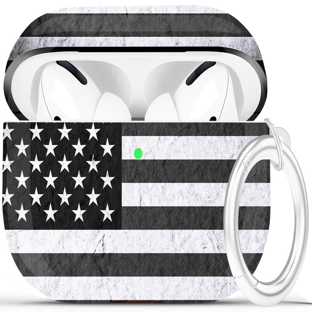 Airpods Pro Case - YOMPLOW Protective Hard Case Cover Skin Portable & Shockproof Women Girls with Keychain for Apple Airpods Pro Charging Case (American Flag - Black/Grey)