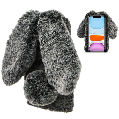 LCHDA Rabbit Case for Google Pixel 4a 5.81 Inch (4G), Cute 3D Bunny Ears Soft Furry Hairball Fuzzy Warm Winter Faux Fur Plush Fluffy Flexible TPU Bumper Women Girls Protective Skin Cover - Black