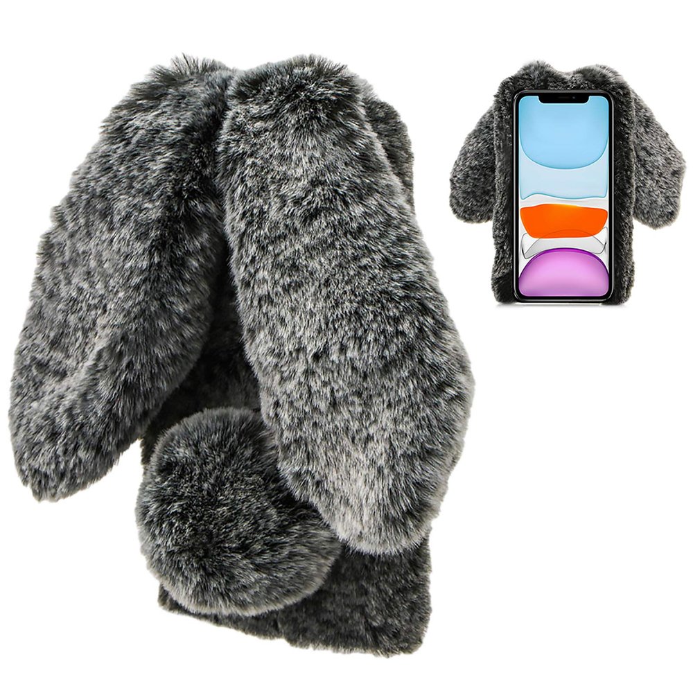 LCHDA Rabbit Case for Google Pixel 4a 5.81 Inch (4G), Cute 3D Bunny Ears Soft Furry Hairball Fuzzy Warm Winter Faux Fur Plush Fluffy Flexible TPU Bumper Women Girls Protective Skin Cover - Black