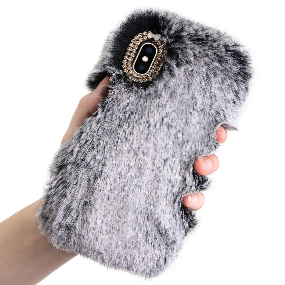 LCHDA Plush Case for Google Pixel 4a 5G / Pixel 5XL, Cute Soft Bunny Furry Fluffy Fuzzy Winter Warm Faux Rabbit Fur Hair Flexible TPU Bumper Protective Cover with Bling Diamond Bowknot - Gray