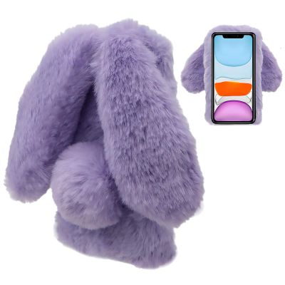 LCHDA Rabbit Case for Google Pixel 4a 5.81 Inch (4G), Cute 3D Bunny Ears Soft Furry Hairball Fuzzy Warm Winter Faux Fur Plush Fluffy Flexible TPU Bumper Women Girls Protective Skin Cover - Purple