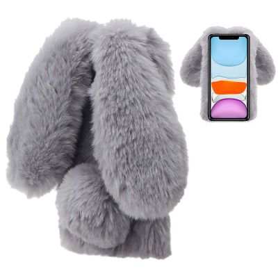 LCHDA Rabbit Case for Google Pixel 4a 5.81 Inch (4G), Cute 3D Bunny Ears Soft Furry Hairball Fuzzy Warm Winter Faux Fur Plush Fluffy Flexible TPU Bumper Women Girls Protective Skin Cover - Grey