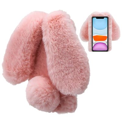 LCHDA Rabbit Case for Google Pixel 4a 5.81 Inch (4G), Cute 3D Bunny Ears Soft Furry Hairball Fuzzy Warm Winter Faux Fur Plush Fluffy Flexible TPU Bumper Women Girls Protective Skin Cover - Pink