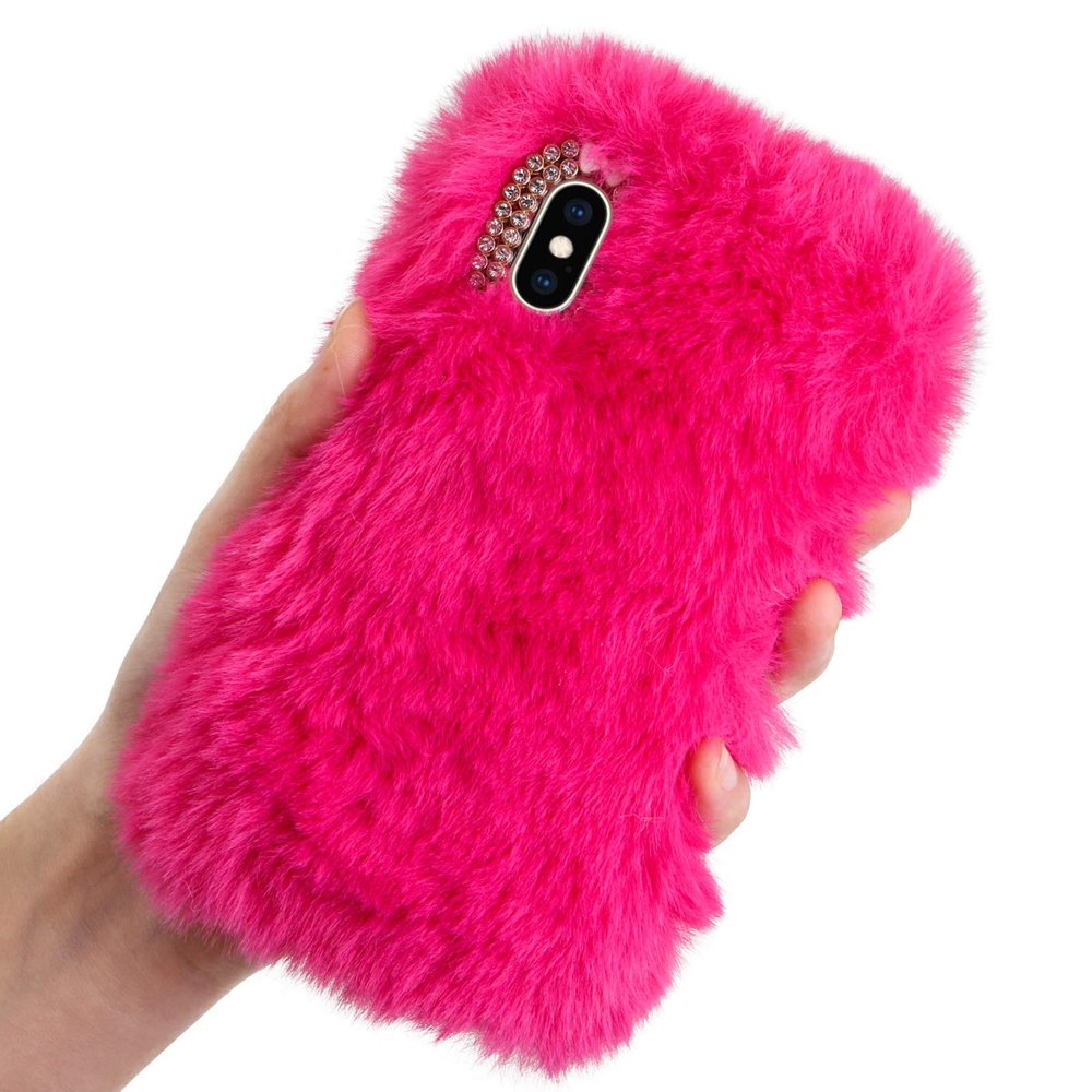 LCHDA Plush Case for Google Pixel 4a 5G / Pixel 5XL, Cute Soft Bunny Furry Fluffy Fuzzy Winter Warm Faux Rabbit Fur Hair Flexible TPU Bumper Protective Cover with Bling Diamond Bowknot - Rose Red