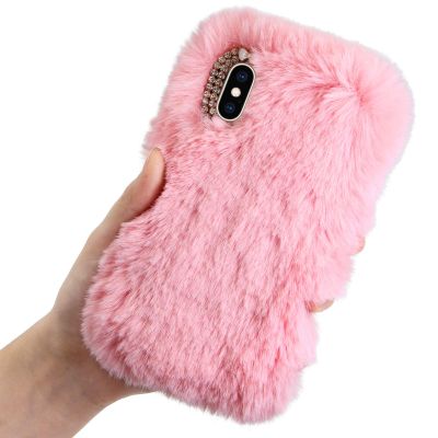 LCHDA Plush Case for Google Pixel 4a 5G / Pixel 5XL, Cute Soft Bunny Furry Fluffy Fuzzy Winter Warm Faux Rabbit Fur Hair Flexible TPU Bumper Protective Cover with Bling Diamond Bowknot - Pink