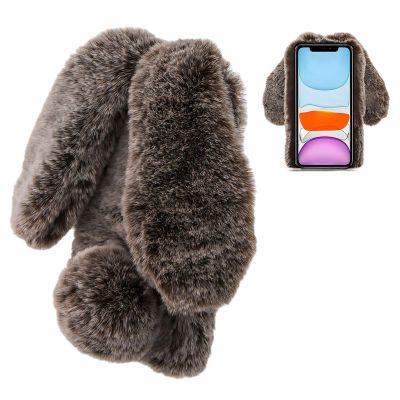 LCHDA Rabbit Case for Google Pixel 4a 5.81 Inch (4G), Cute 3D Bunny Ears Soft Furry Hairball Fuzzy Warm Winter Faux Fur Plush Fluffy Flexible TPU Bumper Women Girls Protective Skin Cover - Brown