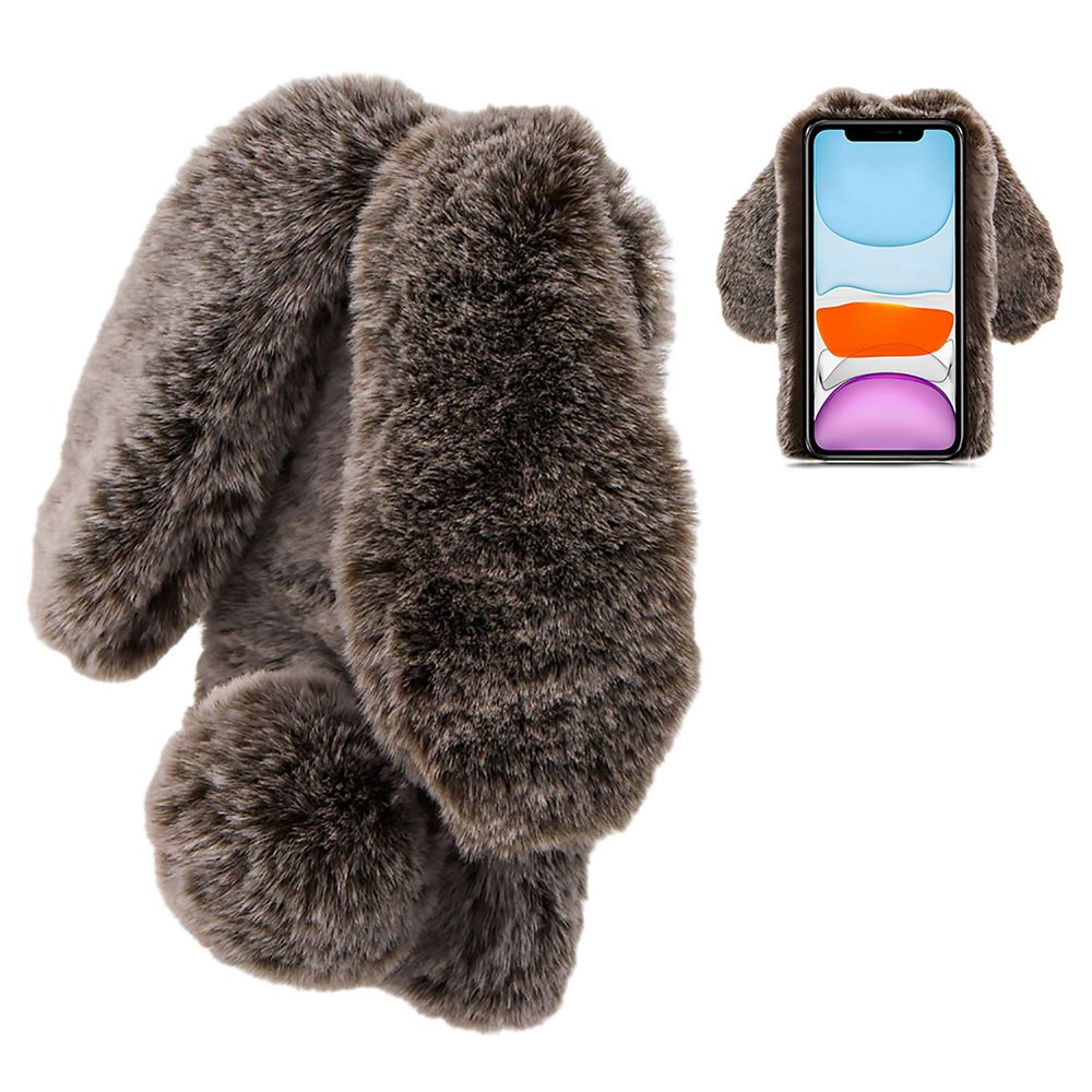 LCHDA Rabbit Case for Google Pixel 4a 5.81 Inch (4G), Cute 3D Bunny Ears Soft Furry Hairball Fuzzy Warm Winter Faux Fur Plush Fluffy Flexible TPU Bumper Women Girls Protective Skin Cover - Brown