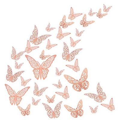 3D Butterfly Wall Stickers, 72Pcs 3 Sizes 3 Styles, Removable Metallic Wall Decals Fridge Sticker Room Mural Decoration for Kids Bedroom Nursery Classroom Party Wedding Decor DIY Gift (Rose Gold)