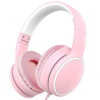 RORSOU R10 Over-Ear Headphones with Microphone, Lightweight Folding Stereo Bass Headset with 1.5M No-Tangle Cord, Portable Wired Headphones for Smartphone Tablet Computer MP3 / 4 (Pink)