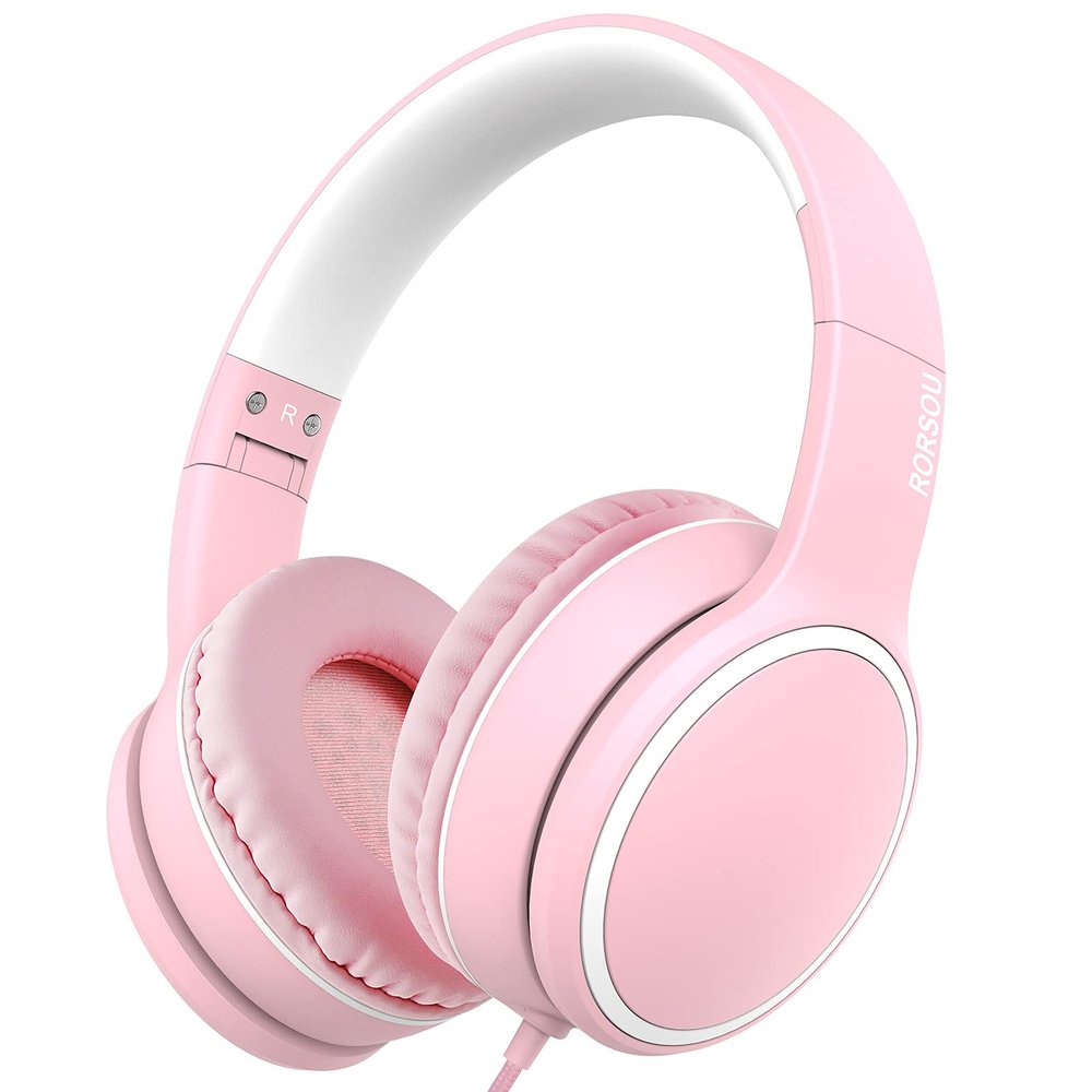 RORSOU R10 Over-Ear Headphones with Microphone, Lightweight Folding Stereo Bass Headset with 1.5M No-Tangle Cord, Portable Wired Headphones for Smartphone Tablet Computer MP3 / 4 (Pink)