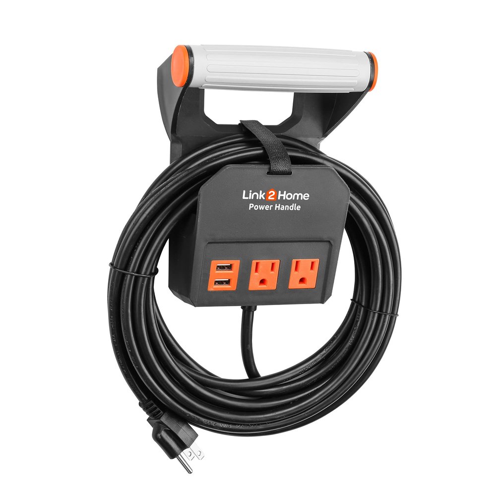 Link2Home 20 Ft. Power Handle Extension Cord W/ 2 Outlets & 2 USB Ports - Wall Bracket & Hardware Included