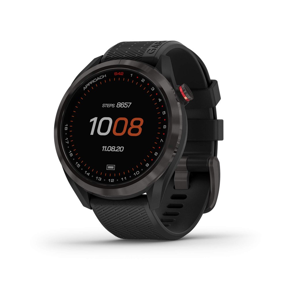 Garmin Approach S42, GPS Golf Smartwatch, Lightweight with 1.2" Touchscreen, 42k+ Preloaded Courses, Gunmetal Ceramic Bezel and Black Silicone Band, 010-02572-10 (Renewed)