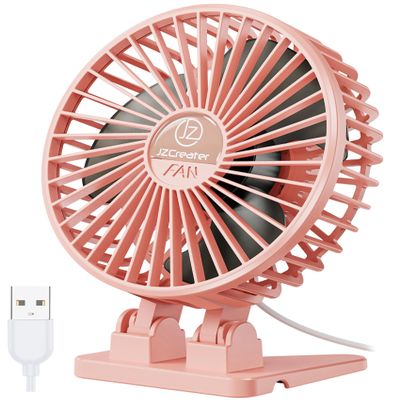 JZCreater USB Desk Fan, Portable Mini Fan, 3 Speeds Desktop Table Cooling, Plug in Power, Rotation Strong Wind, Quiet Personal Small Fan for Home Desktop Office Travel Bedroom, Pink
