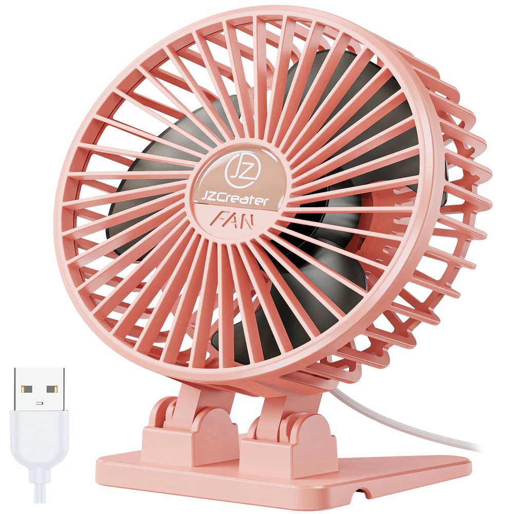 JZCreater USB Desk Fan, Portable Mini Fan, 3 Speeds Desktop Table Cooling, Plug in Power, Rotation Strong Wind, Quiet Personal Small Fan for Home Desktop Office Travel Bedroom, Pink