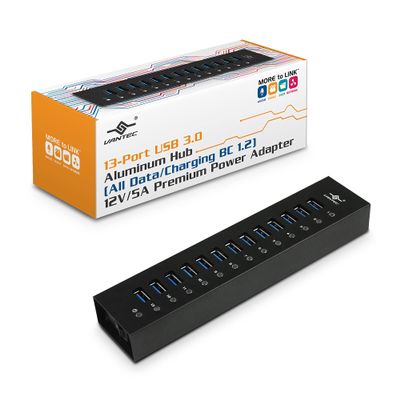 13-Port USB 3.0 Aluminum Hub (All Data/Charging BC 1.2), 12V/5A Premium Power Adapter (UGT-AH131U3-BK)