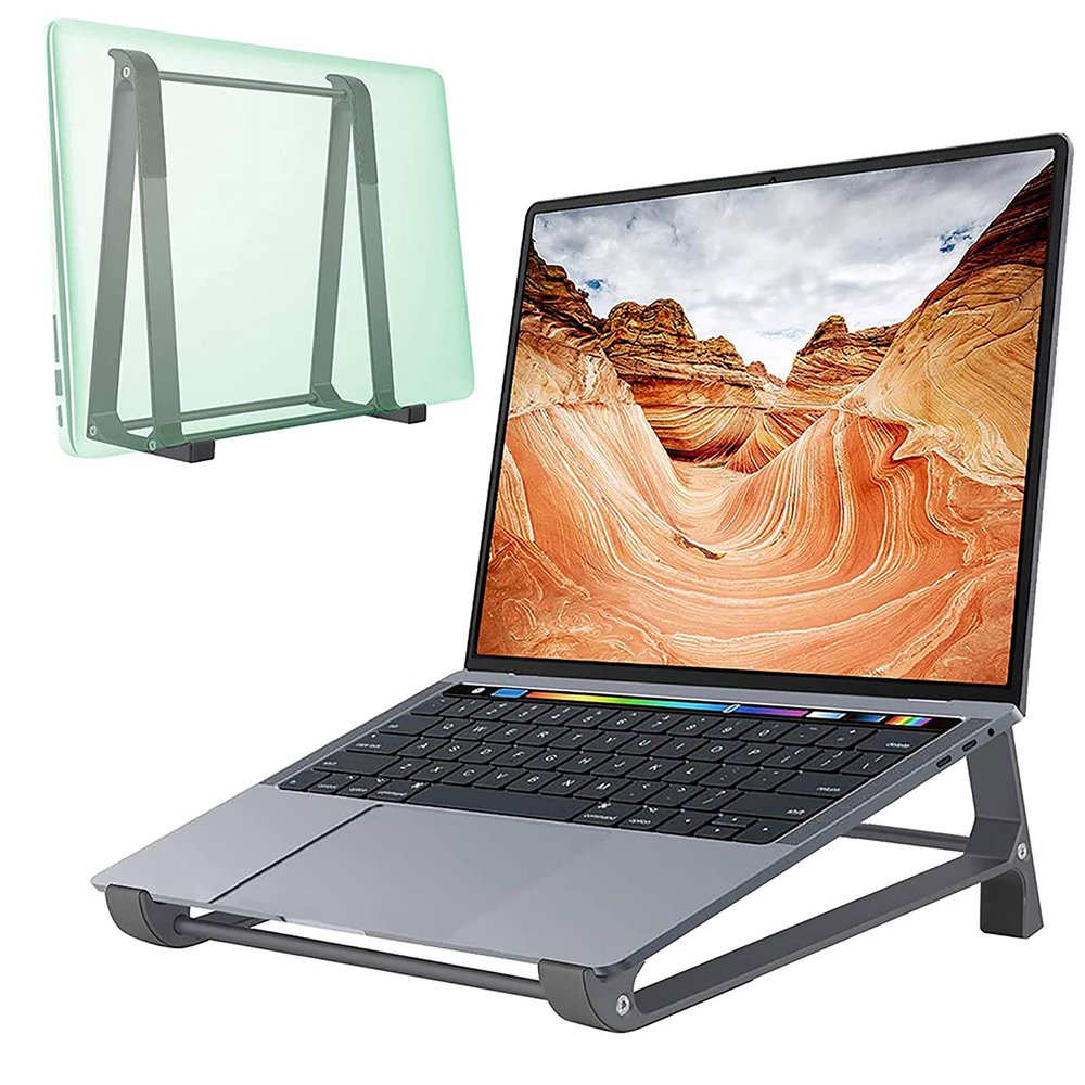 2 in 1 Laptop Stand for Desk, Laptop Holder Riser Computer Stand Aluminum Vertical Notebook Stand Compatible with MacBook Air/Pro Dell HP Lenovo, More 10-17" Laptops-Gray