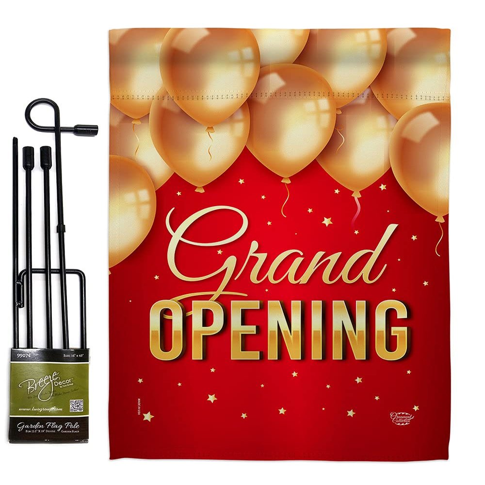 Grand Opening Balloon Garden Flag Set with Stand Novelty Merchant Open Sale Store Retail Business Advertisement Promotion Small Decorative Gift Yard House Banner Made In USA 13 X 18.5